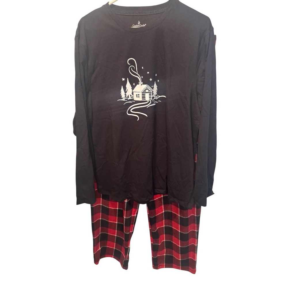 Cuddl Duds Womens Black Pajama Set Cabin Buffalo Plaid Fleece Pants XL NEW